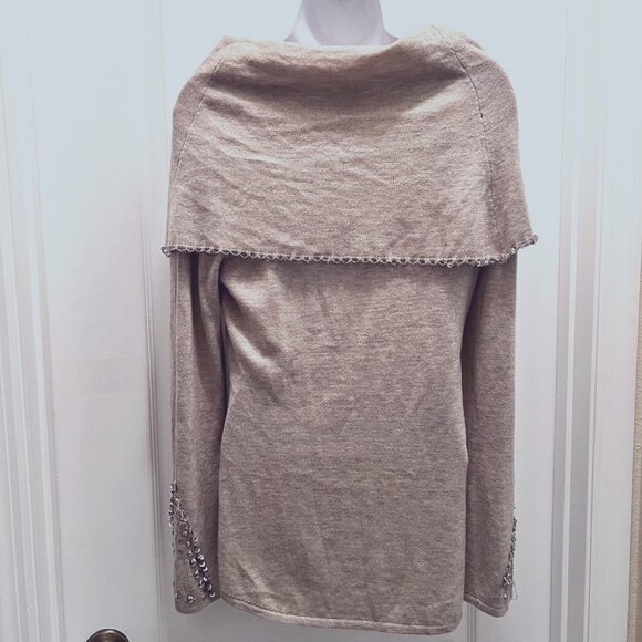 Colour Works-Women's Tan/Cream/Crystals/Beads/Studs Sweater-Off Shoulder-Festive - Picture 14 of 14